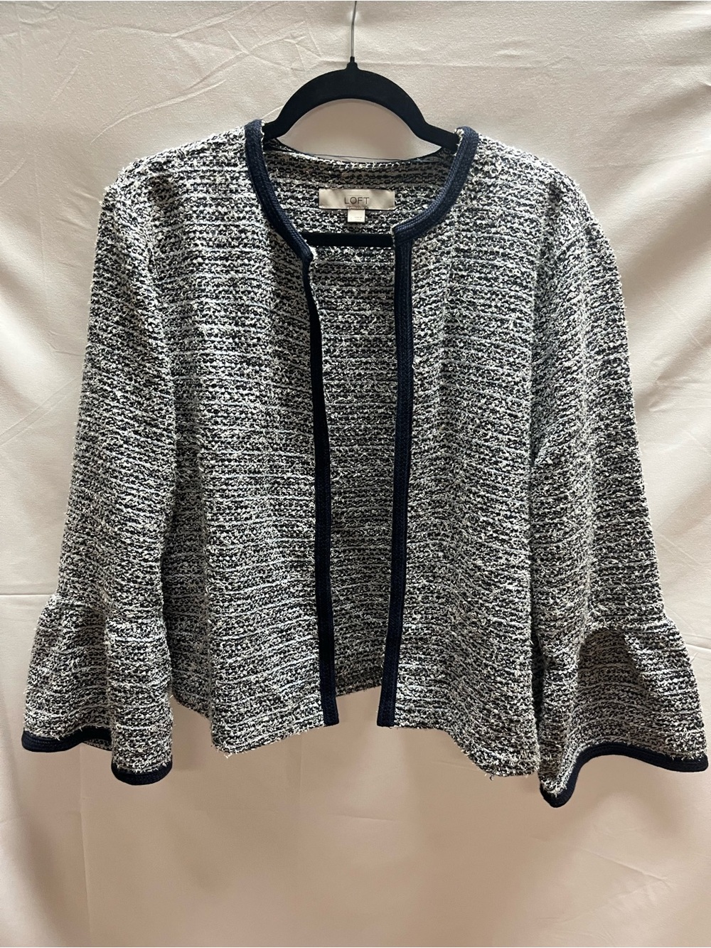 LOFT Black & White Bouclé Open-Front Cardigan with Navy Trim